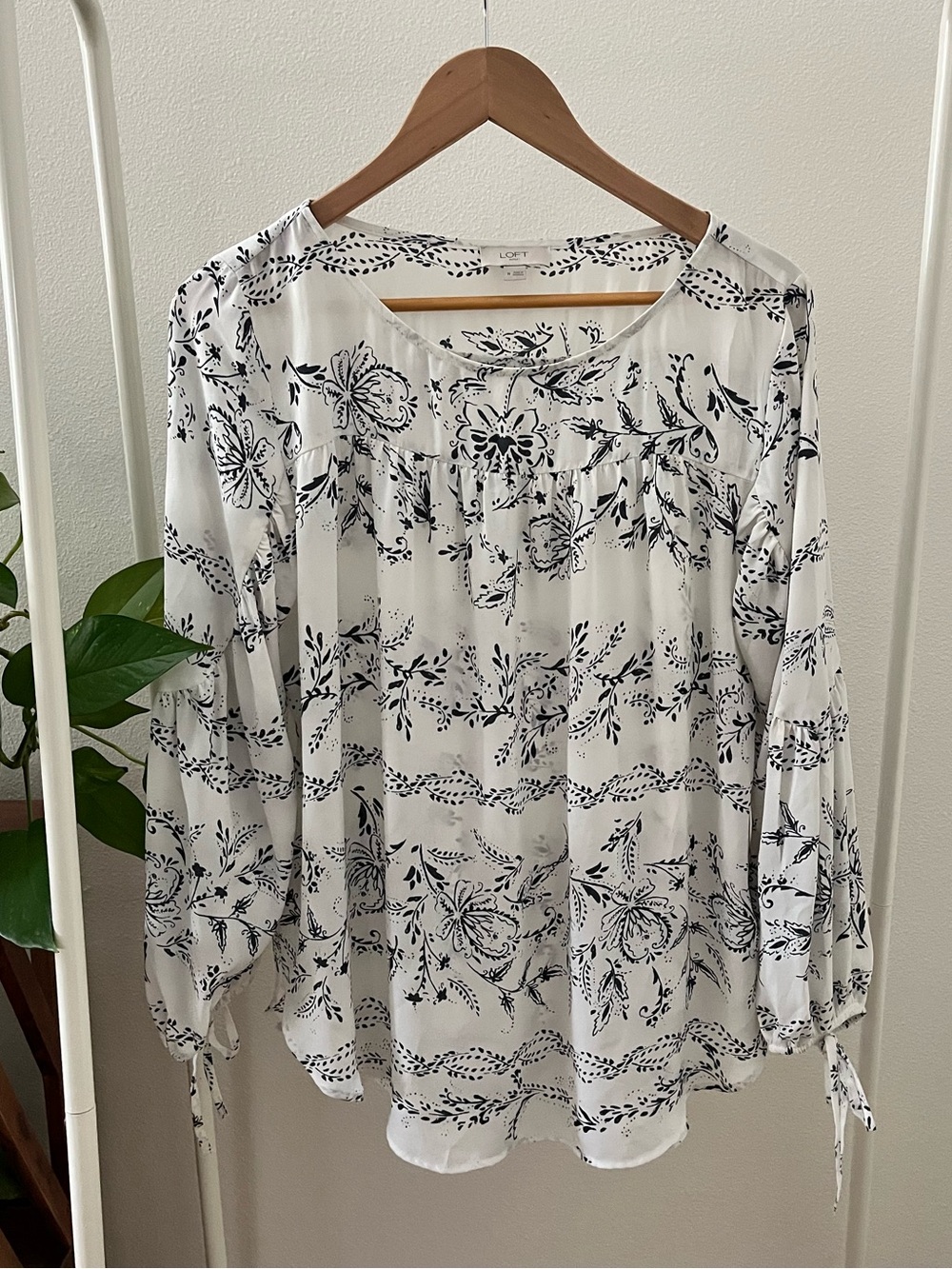 LOFT White Blouse with Floral Print and tie details on sleeves